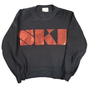 Judith March Sweatshirt Womens Medium Black Red Ski Sequins Long Sleeve Cozy